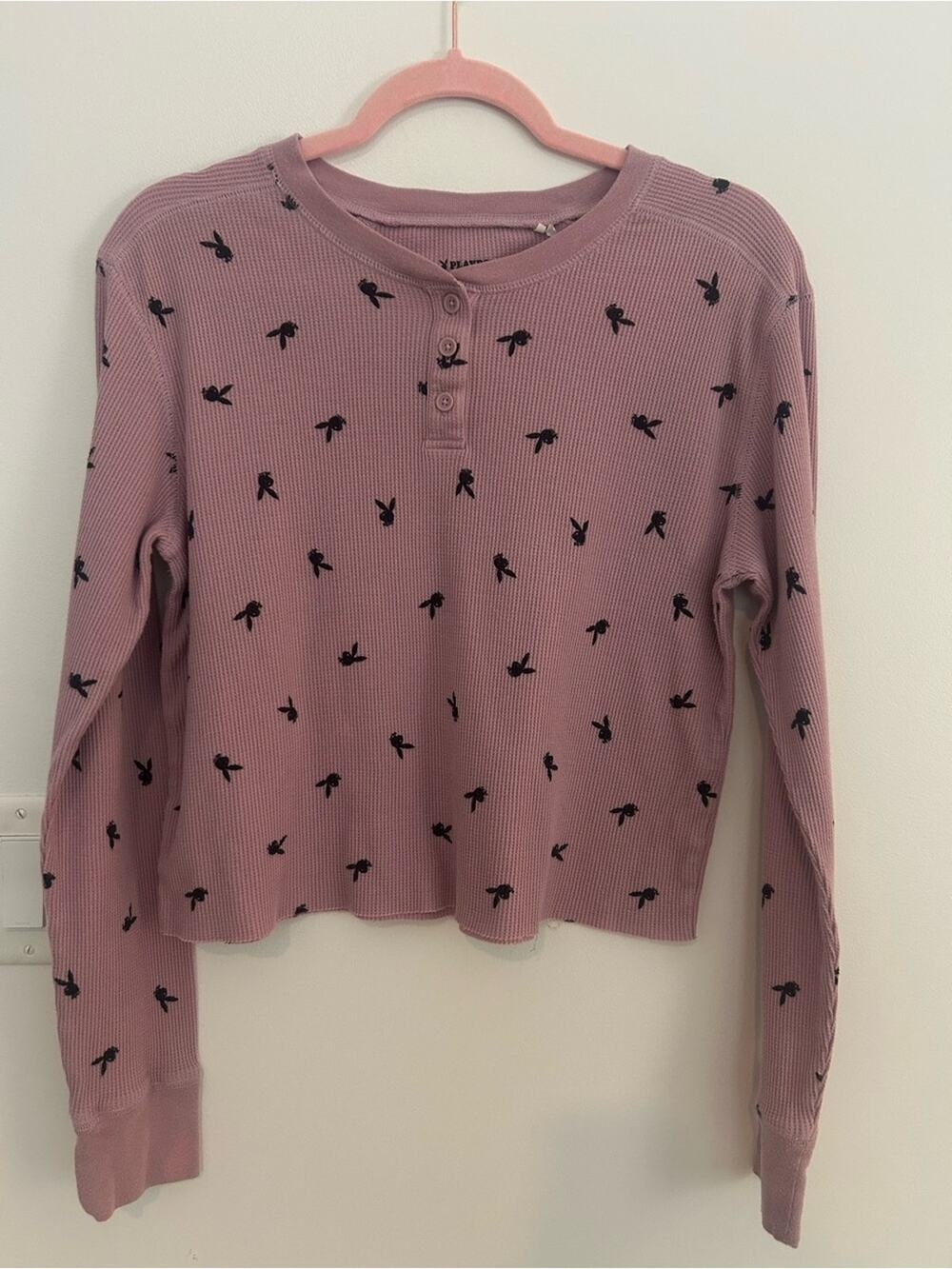 Playboy by PacSun Womens Large Pink Thermal Henley Crop Top Bunny Logo Y2K